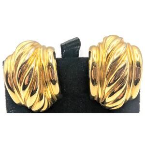 Gold Tone Clip On Earrings Ribbed Swirl Half Hoop Statement Womens Vintage